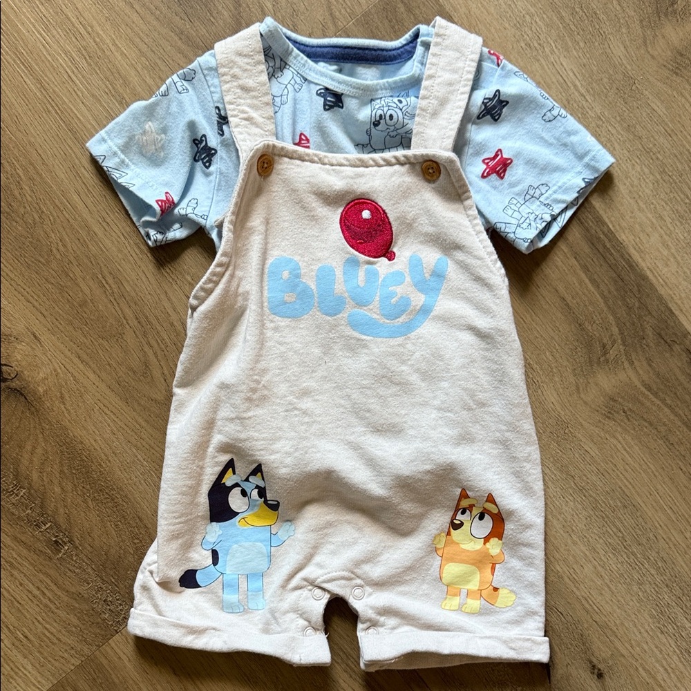 Kids bluey Overalls with T-Shirt Set - Cream and Blue